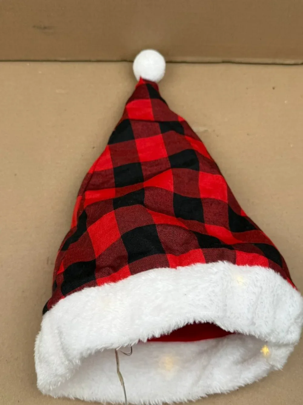 Light Up Christmas Santa Hat Red Black Buffalo Plaid Fuzzy Trim Holiday Festive